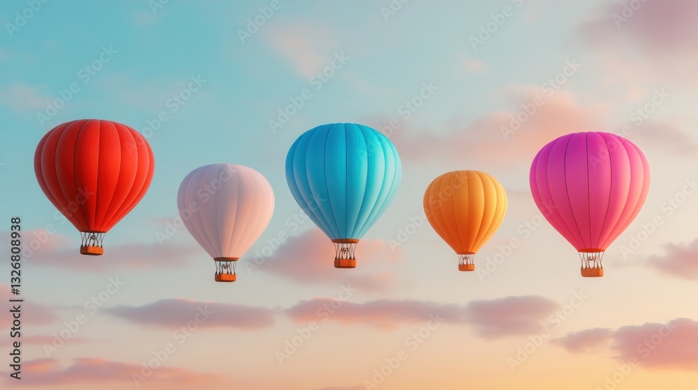Obraz premium Five Colorful Hot Air Balloons Soaring Through a Pastel Sky at Sunset