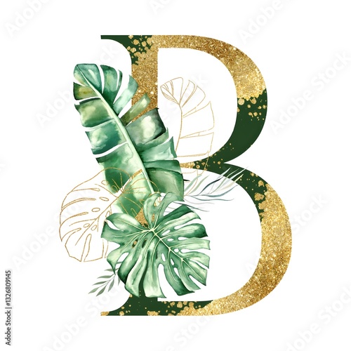Elegant Letter B with Tropical Leaves and Gold Accents – Watercolor Illustration