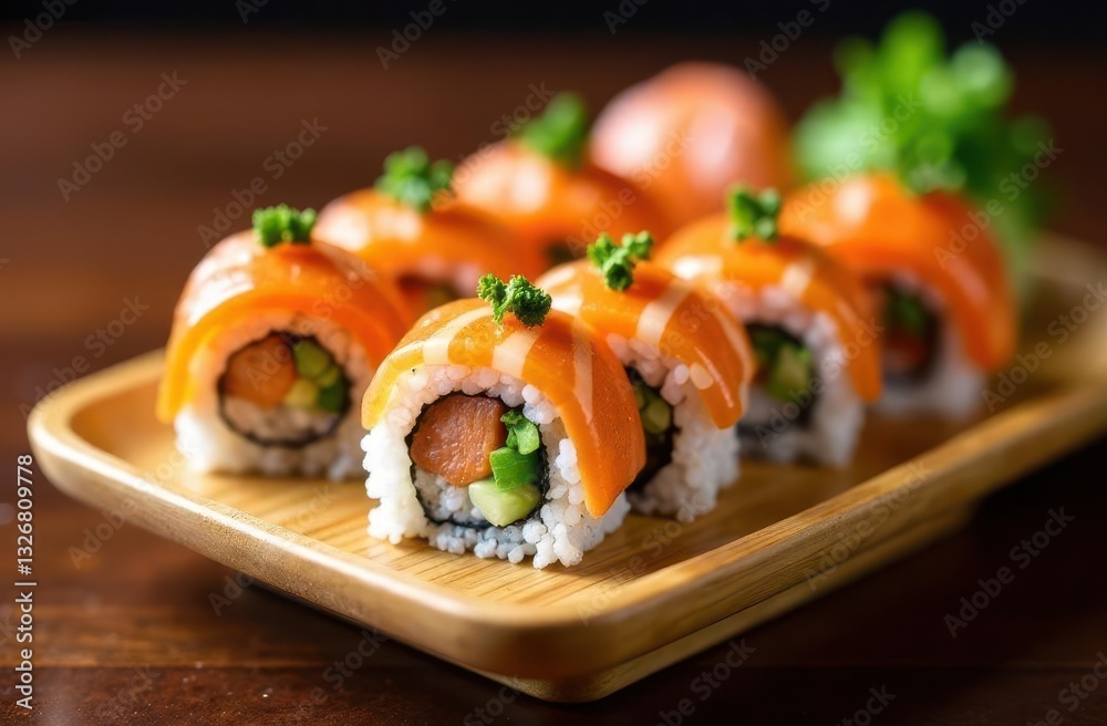 Sushi rolls with fresh salmon and vegetables prepared in a cozy kitchen Sushi rolls with fresh salmon and vegetables prepared in a cozy kitchen