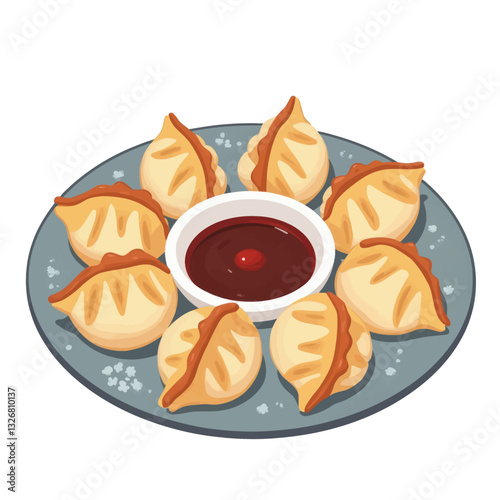 Dumplings with dipping sauce on a grey plate