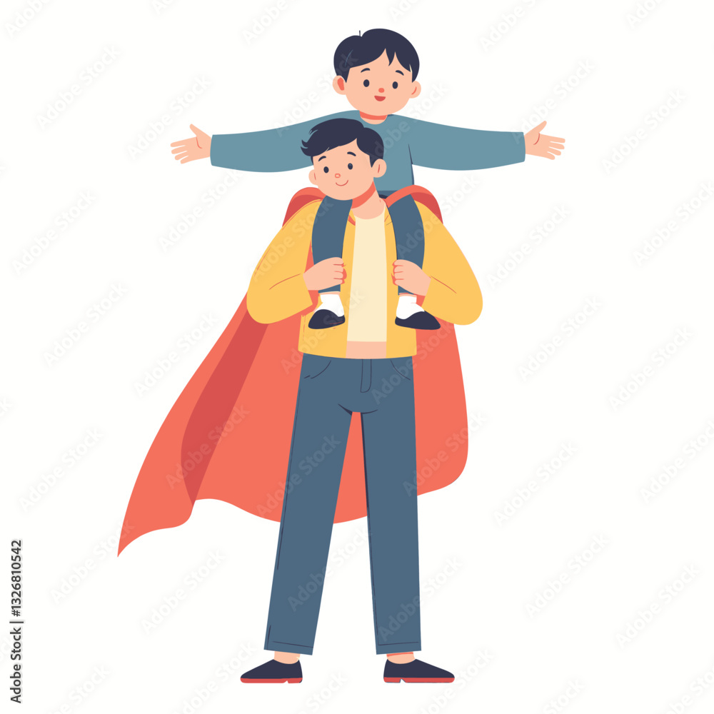 Father and son with cape playing superhero together Father and son with cape playing superhero together
