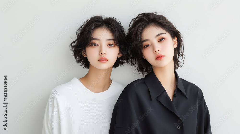 Two young Chinese women with short, wavy hair pose together against light background, showcasing modern fashion styles and natural beauty Two young Chinese women with short, wavy hair pose together against light background, showcasing modern fashion styles and natural beauty