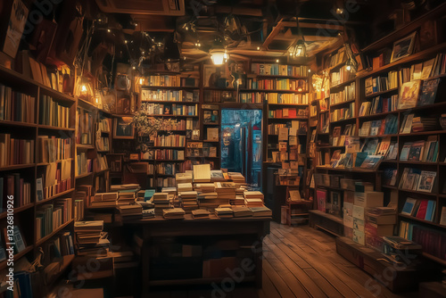 A cozy vintage bookstore with wooden shelves filled with books, warm lighting, and a nostalgic atmosphere, inviting book lovers into a timeless space.