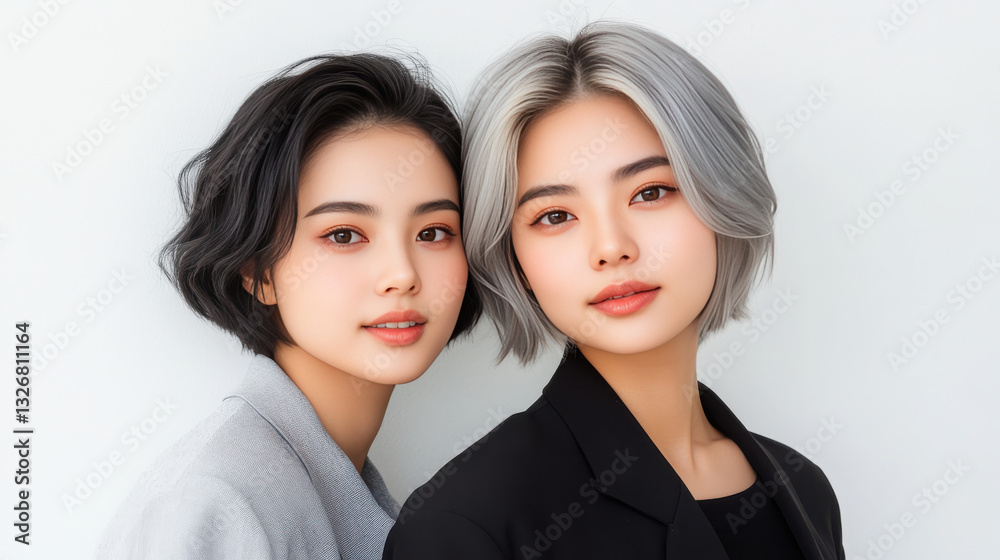 Two Chinese women with stylish short hair, one with dark hair and other with light hair, posing together in modern outfits. Two Chinese women with stylish short hair, one with dark hair and other with light hair, posing together in modern outfits.