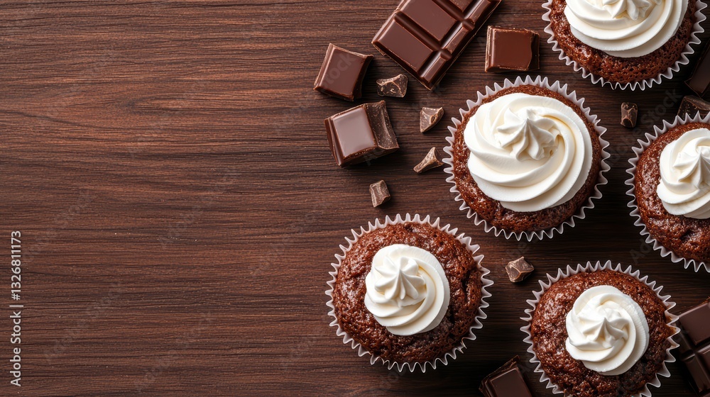 Delicious chocolate cupcakes with creamy frosting and chocolate pieces Delicious chocolate cupcakes with creamy frosting and chocolate pieces
