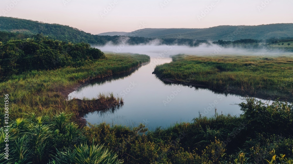 Serene Morning Mist Over Tranquil River Meandering Through Lush Green Landscape Serene Morning Mist Over Tranquil River Meandering Through Lush Green Landscape
