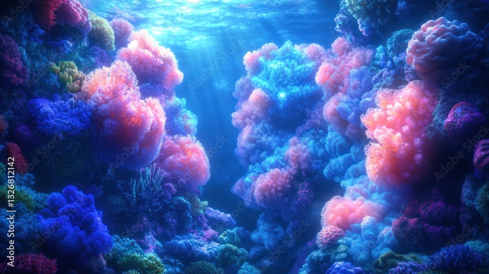 Fototapeta premium Luminous underwater garden, a fractal coral reef glowing with vibrant bioluminescence