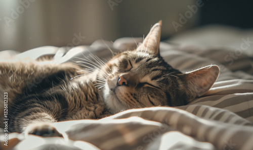 Cute tabby cat sleeping peacefully on a soft bed in warm sunlight – cozy home and relaxation concept photo