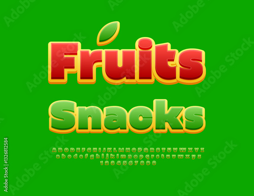 Vector Artistic label Fruits Snacks. Green and Yellow Bright Font. Decorative Alphabet Letters and Numbers set. 