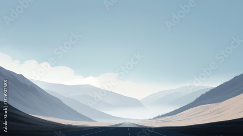 Serene Landscape with Open Road Surrounded by Mountains and Misty Atmosphere
