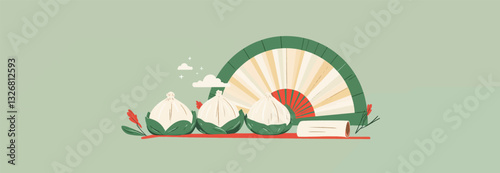 Gyoza dumplings with fan & bamboo on light green background