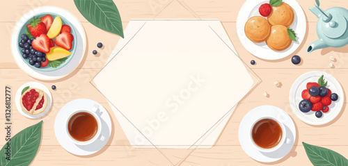 Illustrated brunch with fruit, pancakes, tea, and copy space