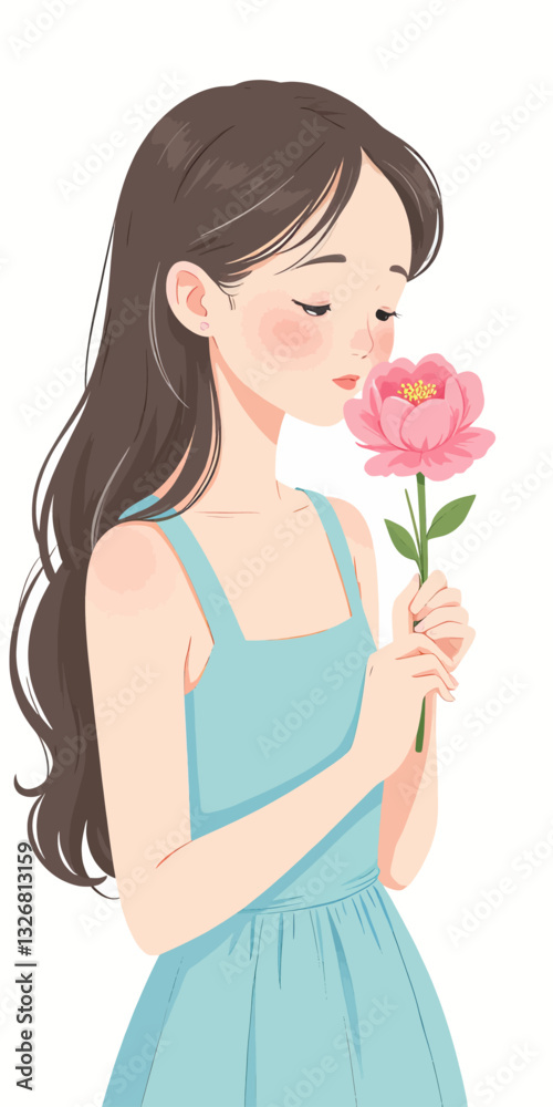 Illustration of girl smelling pink lotus flower in blue dress Illustration of girl smelling pink lotus flower in blue dress