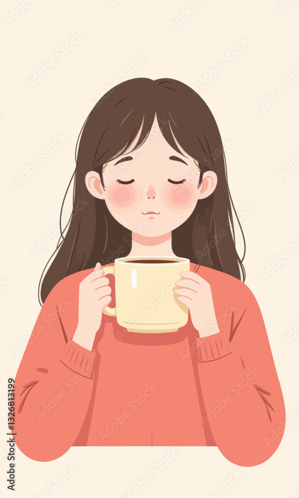 Illustration of a calm woman holding coffee mug Illustration of a calm woman holding coffee mug