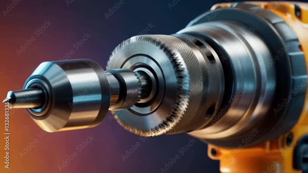 Precision Engineering: A Close-Up of a Power Drill, smooth repeating motion for background video animation Precision Engineering: A Close-Up of a Power Drill, smooth repeating motion for background video animation