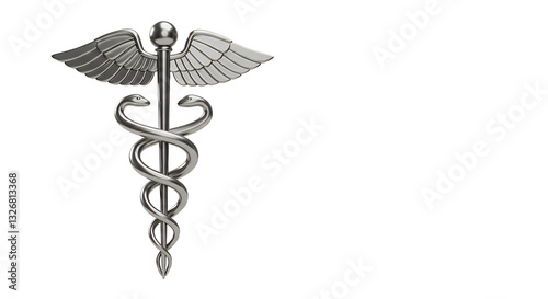 Metal caduceus medical symbol on white background as healthcare concept