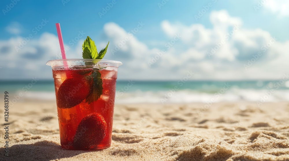 Obraz premium A refreshing strawberry iced tea in a clear plastic cup, placed on a sunny beach