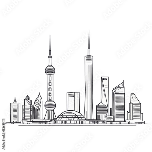 Monochrome Shanghai skyline illustration, iconic buildings