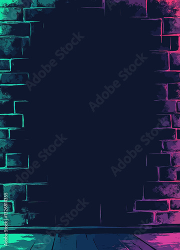 Neon-lit brick wall backdrop with dark void