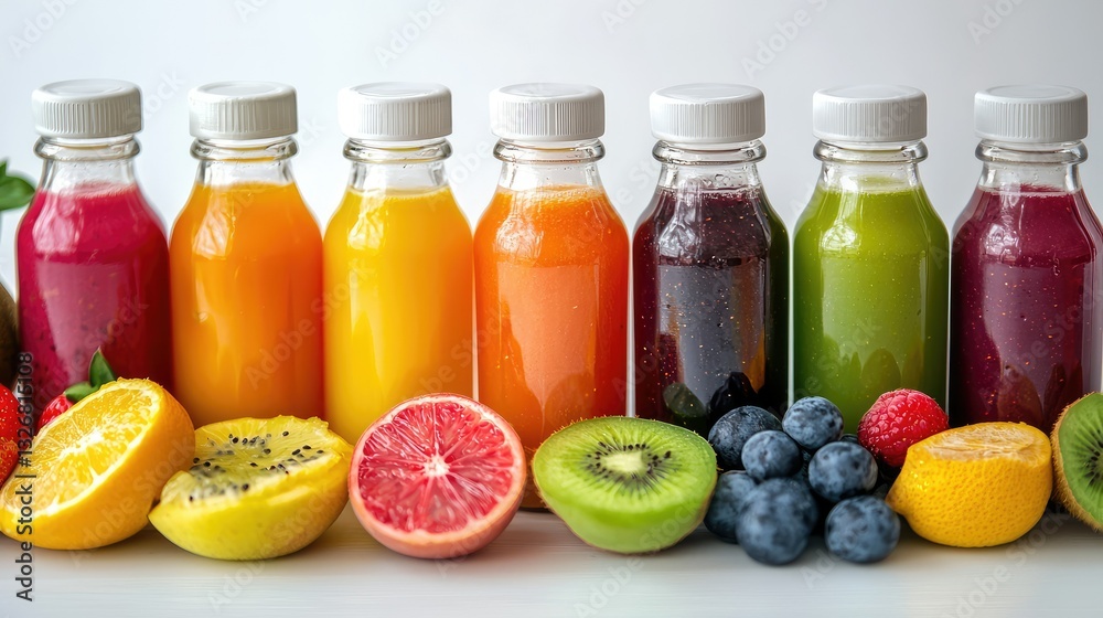 A set of different flavored juice bottles, arranged in a row with matching fruits A set of different flavored juice bottles, arranged in a row with matching fruits