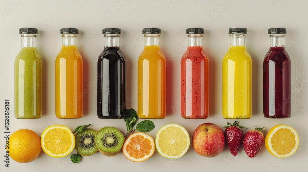 A set of different flavored juice bottles, arranged in a row with matching fruits A set of different flavored juice bottles, arranged in a row with matching fruits