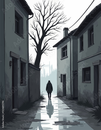 Person walking on a wet alley in gray tones