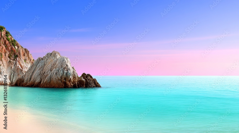 Serene coastal scene at sunrise, featuring a tranquil turquoise sea, pale pink sky, and rocky shoreline. The calm water gently laps a sandy beach. Serene coastal scene at sunrise, featuring a tranquil turquoise sea, pale pink sky, and rocky shoreline. The calm water gently laps a sandy beach.