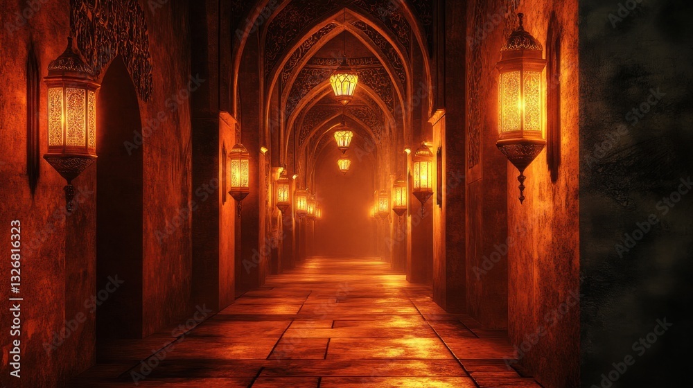 Fototapeta premium A mystical lantern-lit passageway inside an ancient Islamic structure, warm glowing lights guiding the path