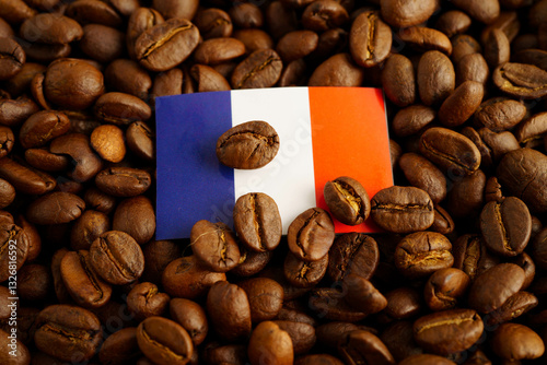 France flag on coffee beans, shopping online for export or import food product.
