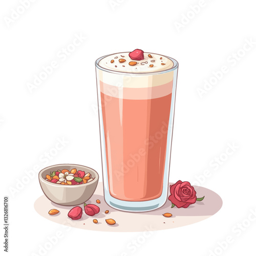Rose milk drink with nuts and decorative flower