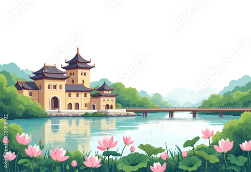 Scenic Asian temple by river with pink lotus flowers bloom