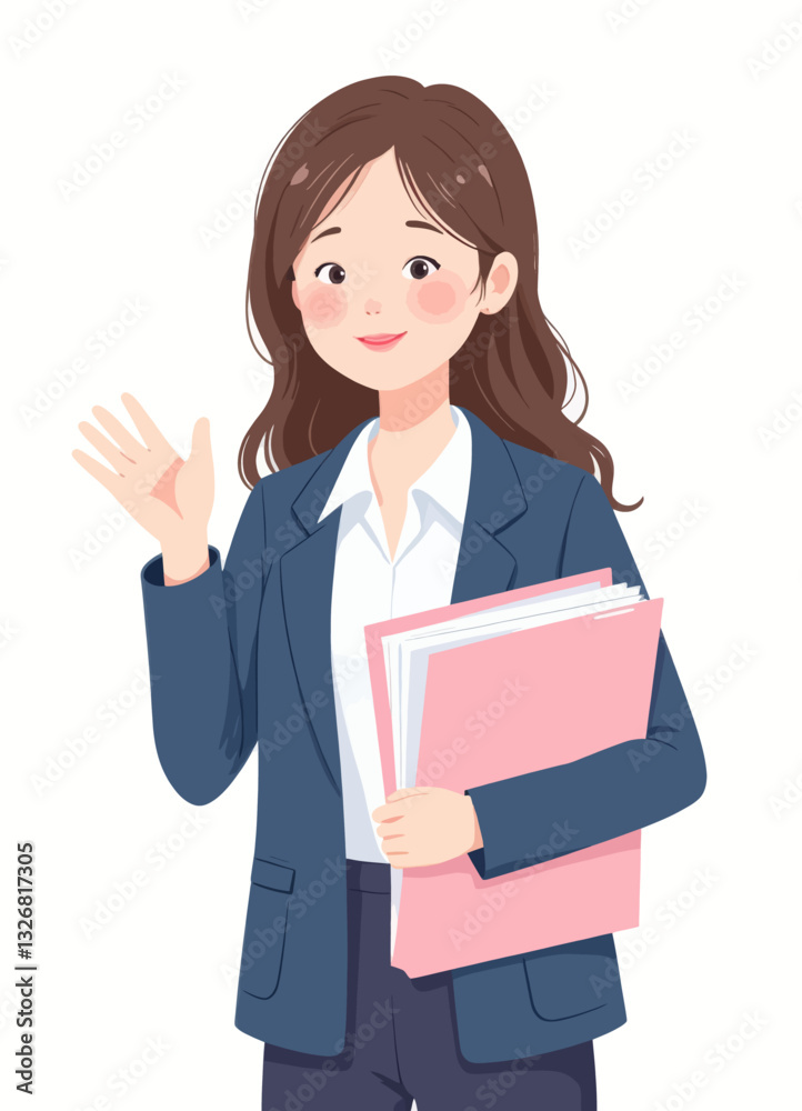 Smiling Cartoon Businesswoman Waving with Pink Folder Smiling Cartoon Businesswoman Waving with Pink Folder