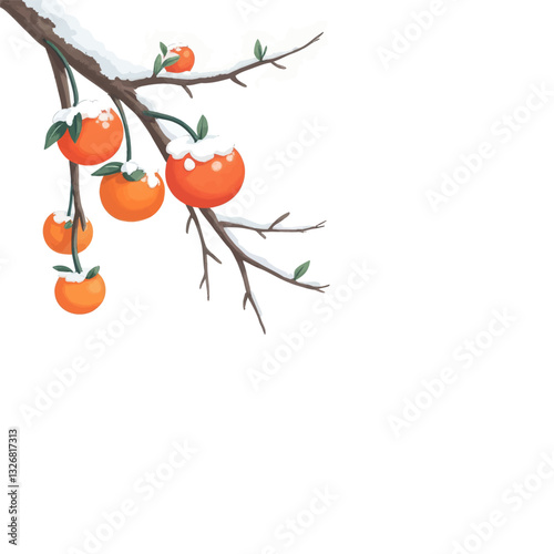 Snow-Topped Orange Fruits on Winter Branch Illustration