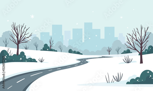Snowy Road Leads to City Skyline, Minimalist Vector Scene