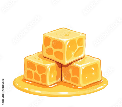 Stacked honey cube candies with dish and bright yellow color