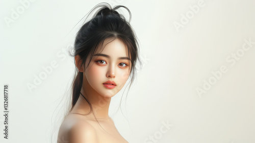 young Asian woman with long dark hair and soft features, gazing thoughtfully.