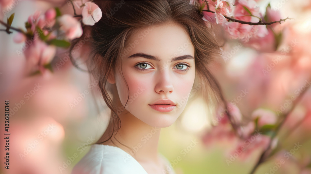 serene young woman with captivating eyes surrounded by blooming cherry blossoms, exuding sense of tranquility and beauty. serene young woman with captivating eyes surrounded by blooming cherry blossoms, exuding sense of tranquility and beauty.