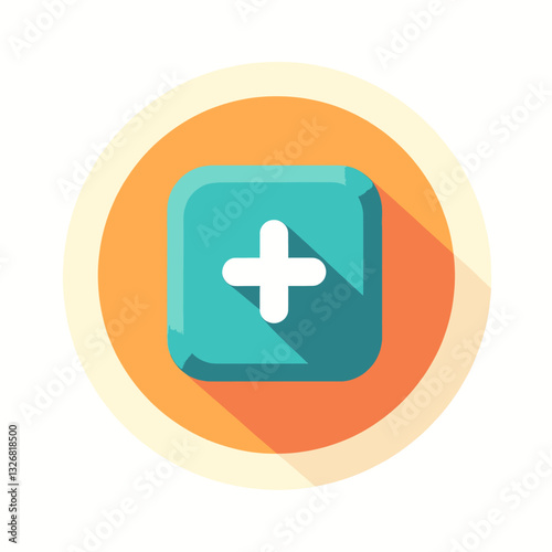 Teal Plus Sign Icon with Long Shadow on Orange Round Button