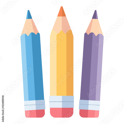 Three Colored Pencils With Erasers, Illustration
