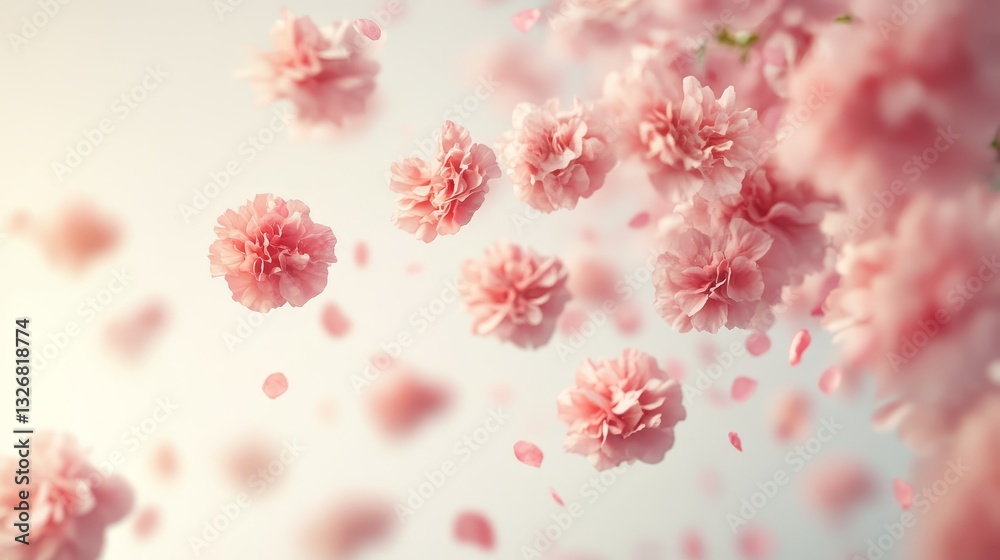 Fototapeta premium pink flower floating in the air on white background, floral wallpaper, banner