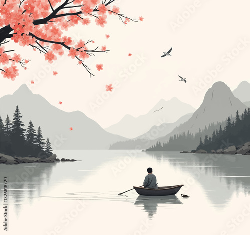 Tranquil lakeside scene with rowboat, mountains, cherry blossoms