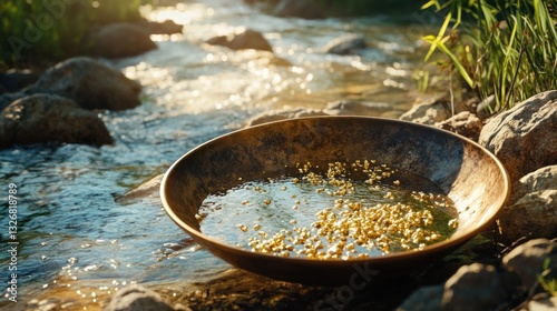 A gold pan filled with water and gold flakes rests near a rocky creek on a sunny day