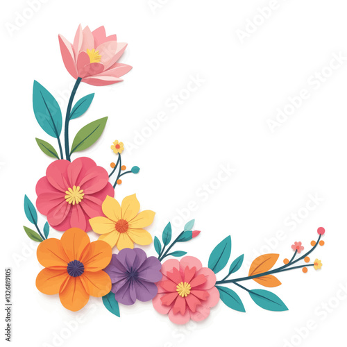 Vibrant Paper-Cut Flower Corner on White Background