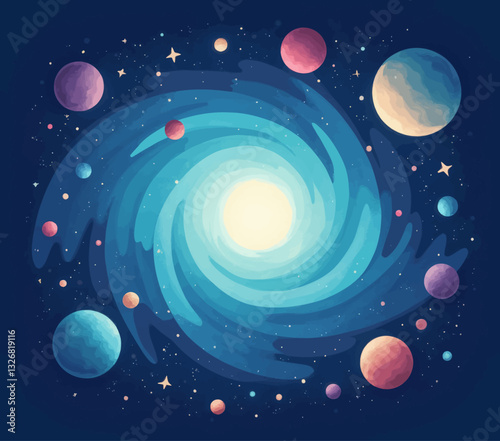 Vibrant blue cartoon galaxy with planets and stars
