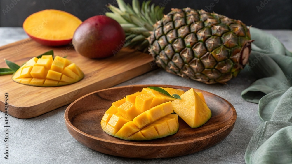 Delicious fresh mango, whole and prepared in different cuts. Gourmet mango presentation on wooden dishes, studio shot Delicious fresh mango, whole and prepared in different cuts. Gourmet mango presentation on wooden dishes, studio shot