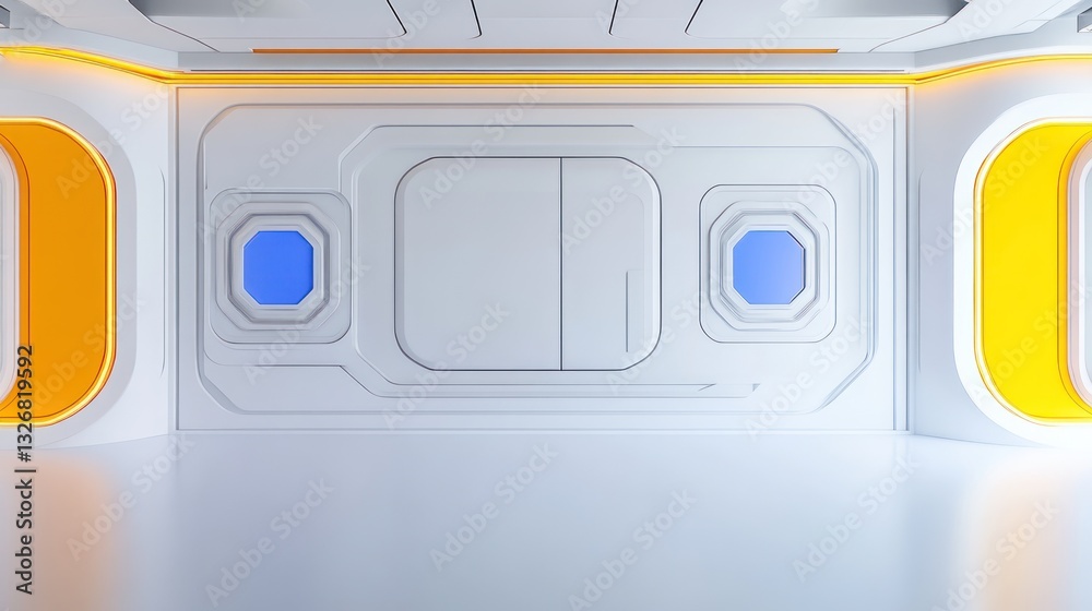 Futuristic Room Interior Design: White Walls, Orange Accents, and Blue Windows Futuristic Room Interior Design: White Walls, Orange Accents, and Blue Windows