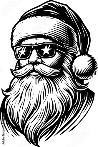 cool, stylisch, chilled, funny santa claus wearing sunglasses, stars, christmas, xmas, vector, illustration, logo, silhouette 