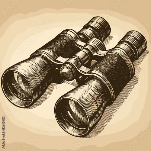 Vintage binoculars illustration in detailed hand-drawn style on textured background
