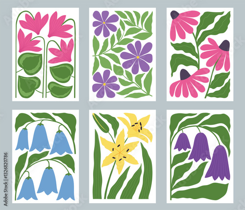 Set of flowers posters in minimalist style. Modern botanical print with hand drawn flowers and leaves. 