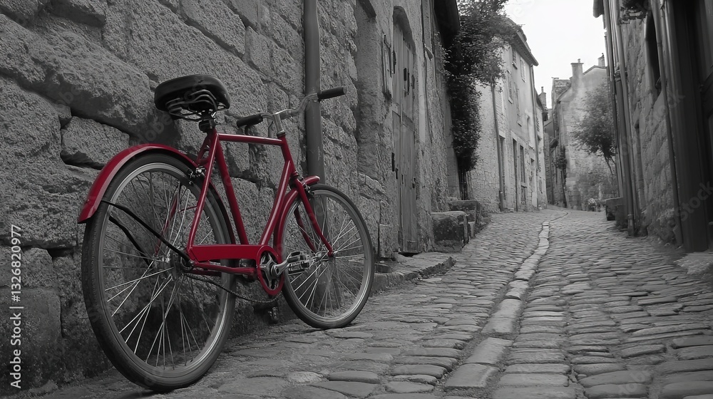 Retro red bicycle by a cobblestone wall, black and white tones evoke timeless nostalgia.
Retro red bicycle by a cobblestone wall, black and white tones evoke timeless nostalgia.